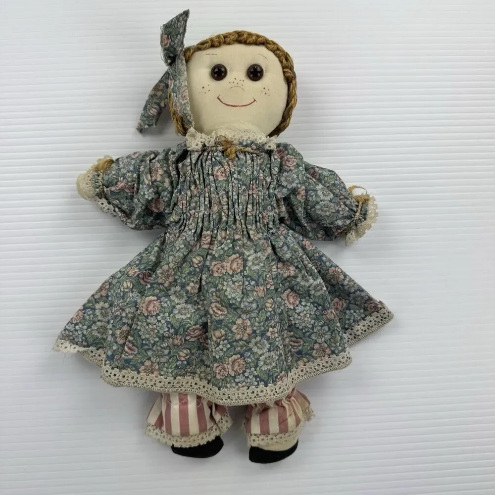 Vintage Handmade Rag Doll Prairie Floral Cottagecore Folk Art Cloth Farmhouse